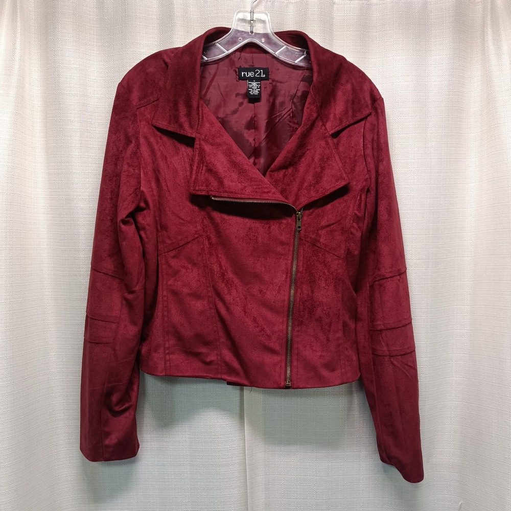 Rue21 Burgundy Faux Suede Moto Jacket‎ Womens L Asymmetrical Zip Wine Red